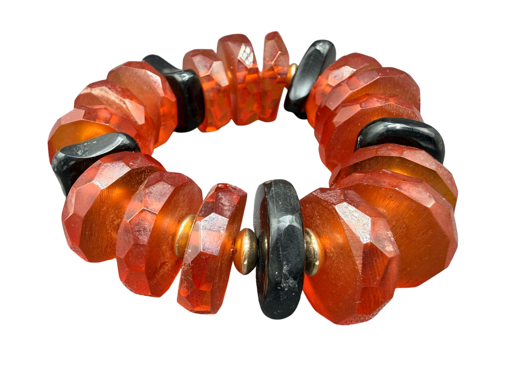 1960s Baltic Amber Stretch Bracelet with Faceted Discs and Gold Spacers