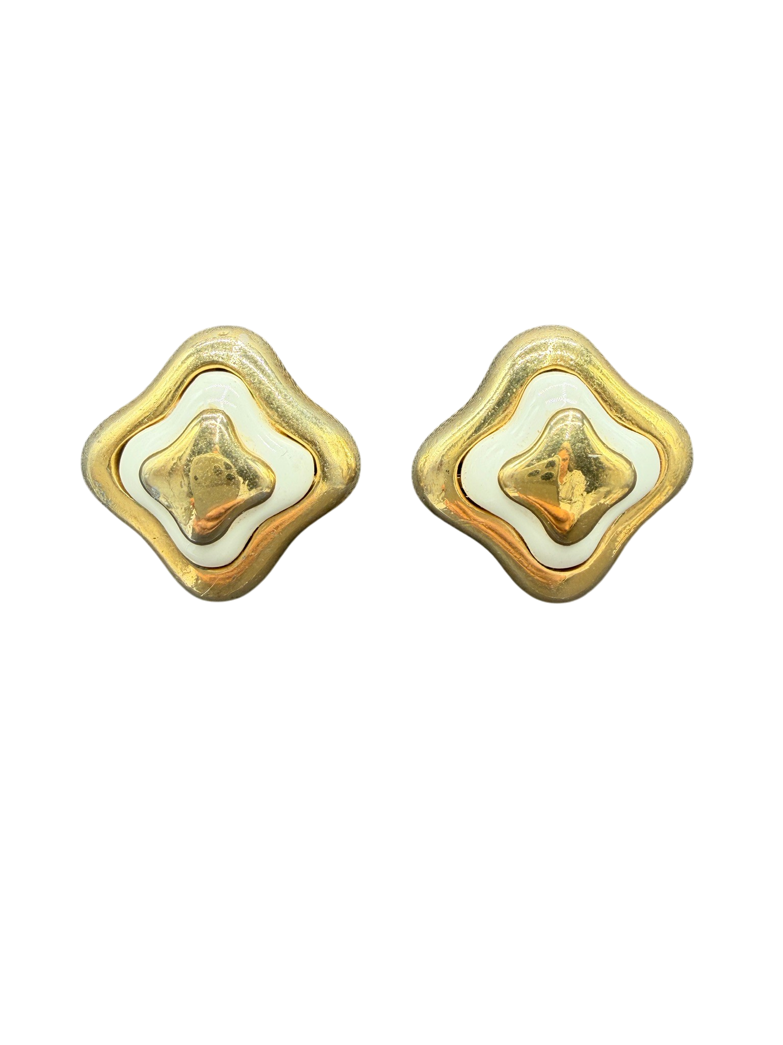 1980s Lanvin Gold-Tone Tiered Square Clip Earrings with Ivory Enamel