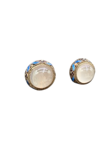 1940s Sterling Silver Clip Earrings with Cobalt Enamel Leaves and Quartz Center
