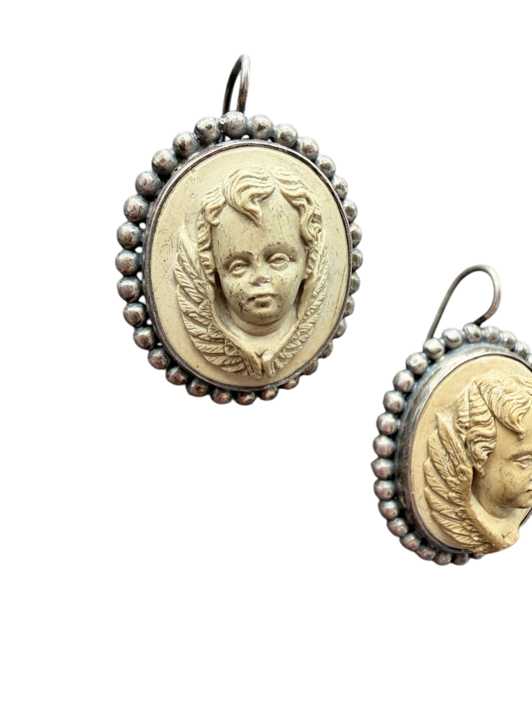 Victorian Lava Cherub Cameo Earrings with Sterling Surround