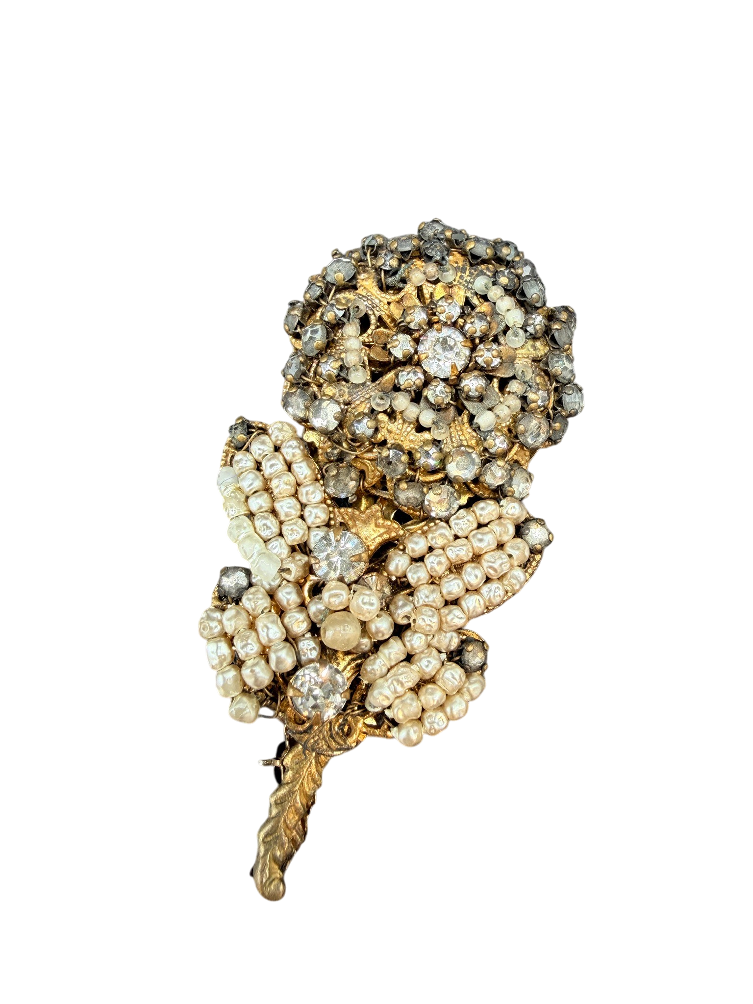 1960s Miriam Haskell Gold-Tone Floral Brooch with Rhinestones and Pearls