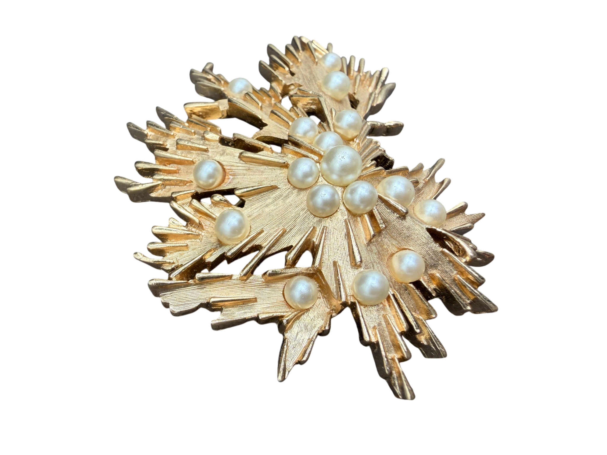 1960s Trifari Gold-Tone Brutalist Spiked Brooch with Faux Pearls
