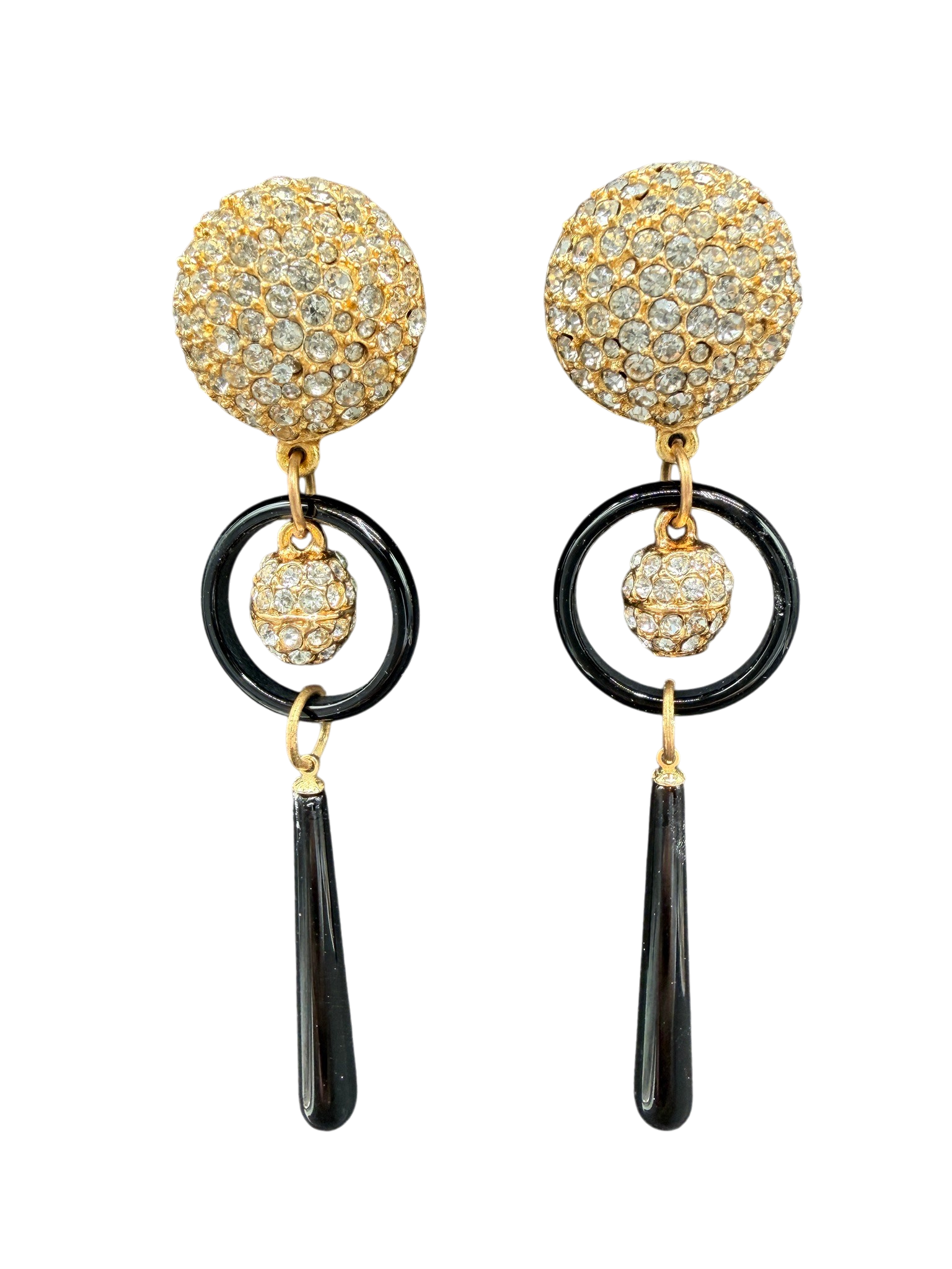 1980s Heidi Daus for Jim Walters Gold-Tone Ring with Crystal Pavé and Black Glass Drop