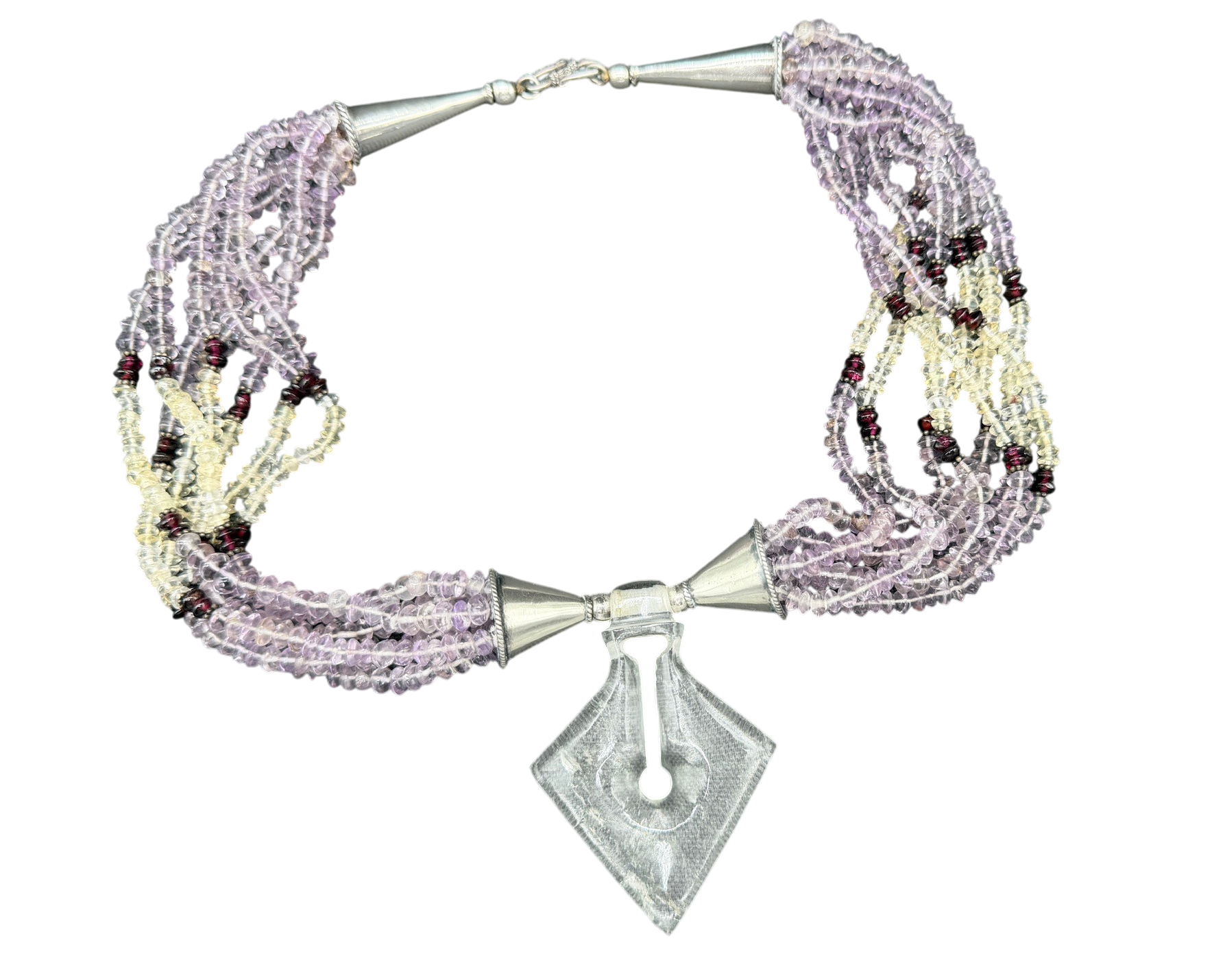 1970s Navajo Multi-Stone 8-Strand Necklace with Carved Quartz Pendant