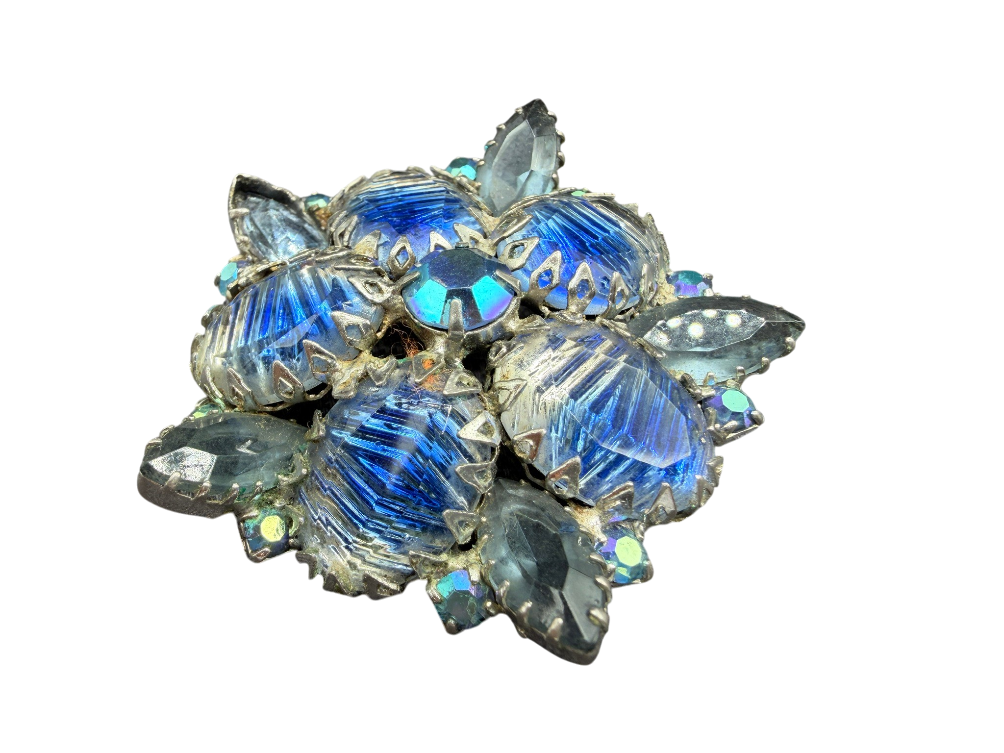 1950s Abstract Floral Brooch with Blue Czech Glass Stones