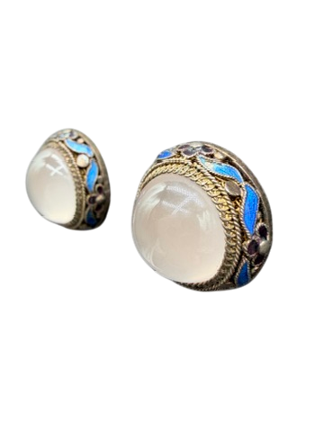 1940s Sterling Silver Clip Earrings with Cobalt Enamel Leaves and Quartz Center