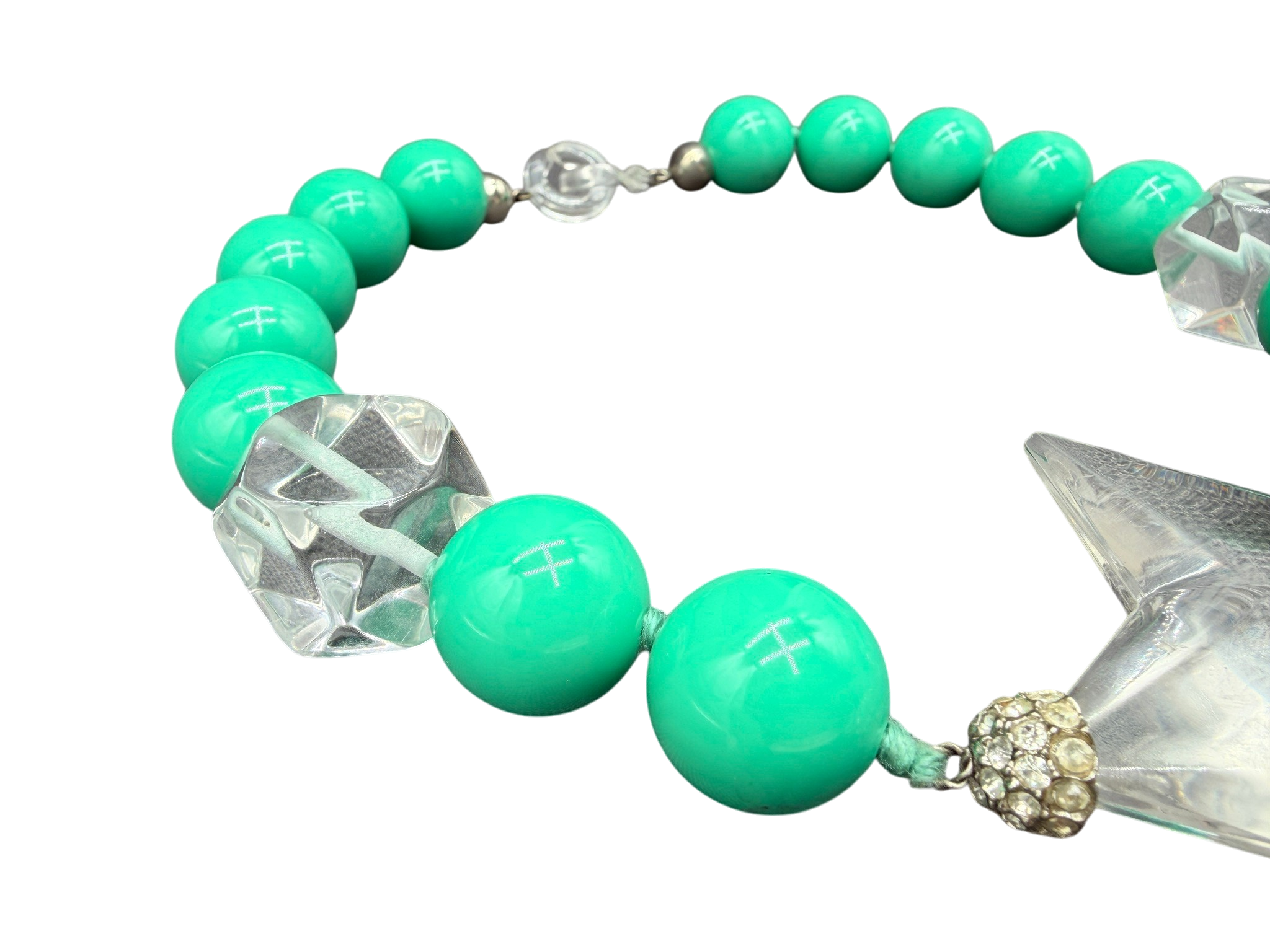 Rare 1980s Amen Wardy Teal & Clear Lucite Beaded Necklace and Earring Set with Star Detail