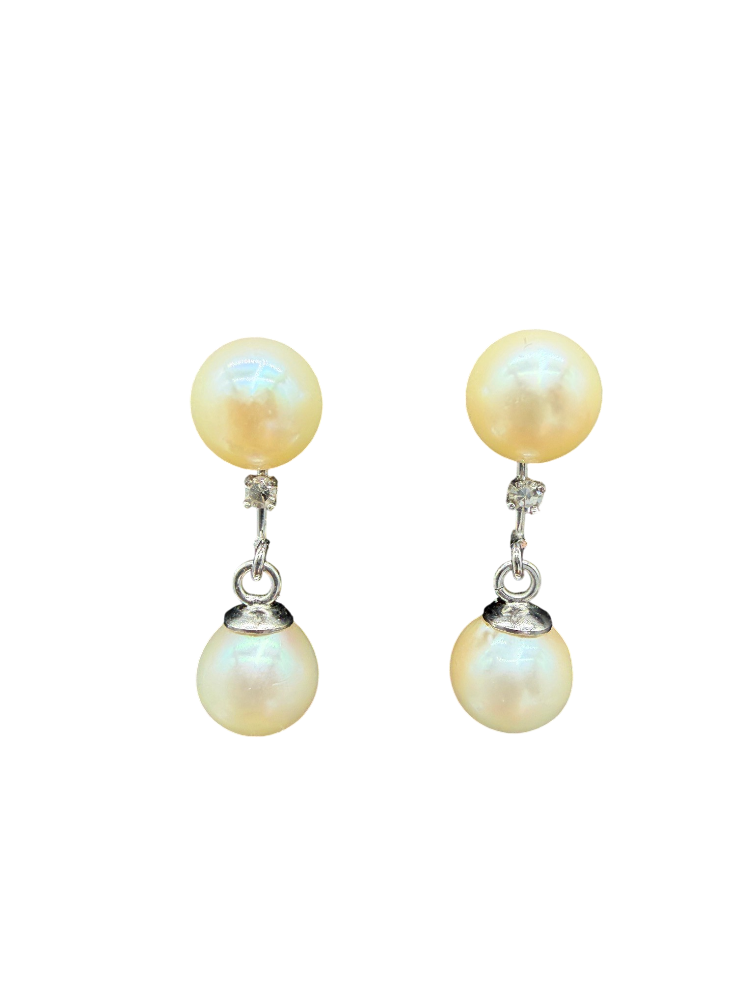 1960s 14K White Gold Pearl Drop Earrings with Diamond Studs