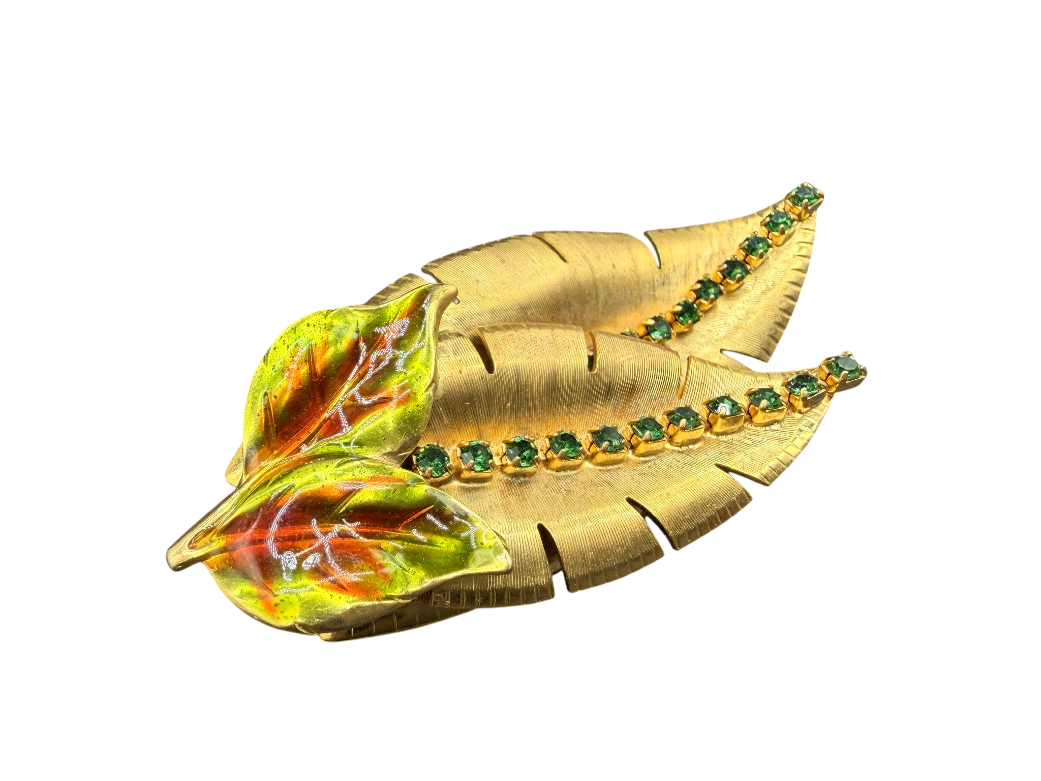 1960s Gold-Tone Double Leaf Brooch with Green Rhinestones and Enamel Detail