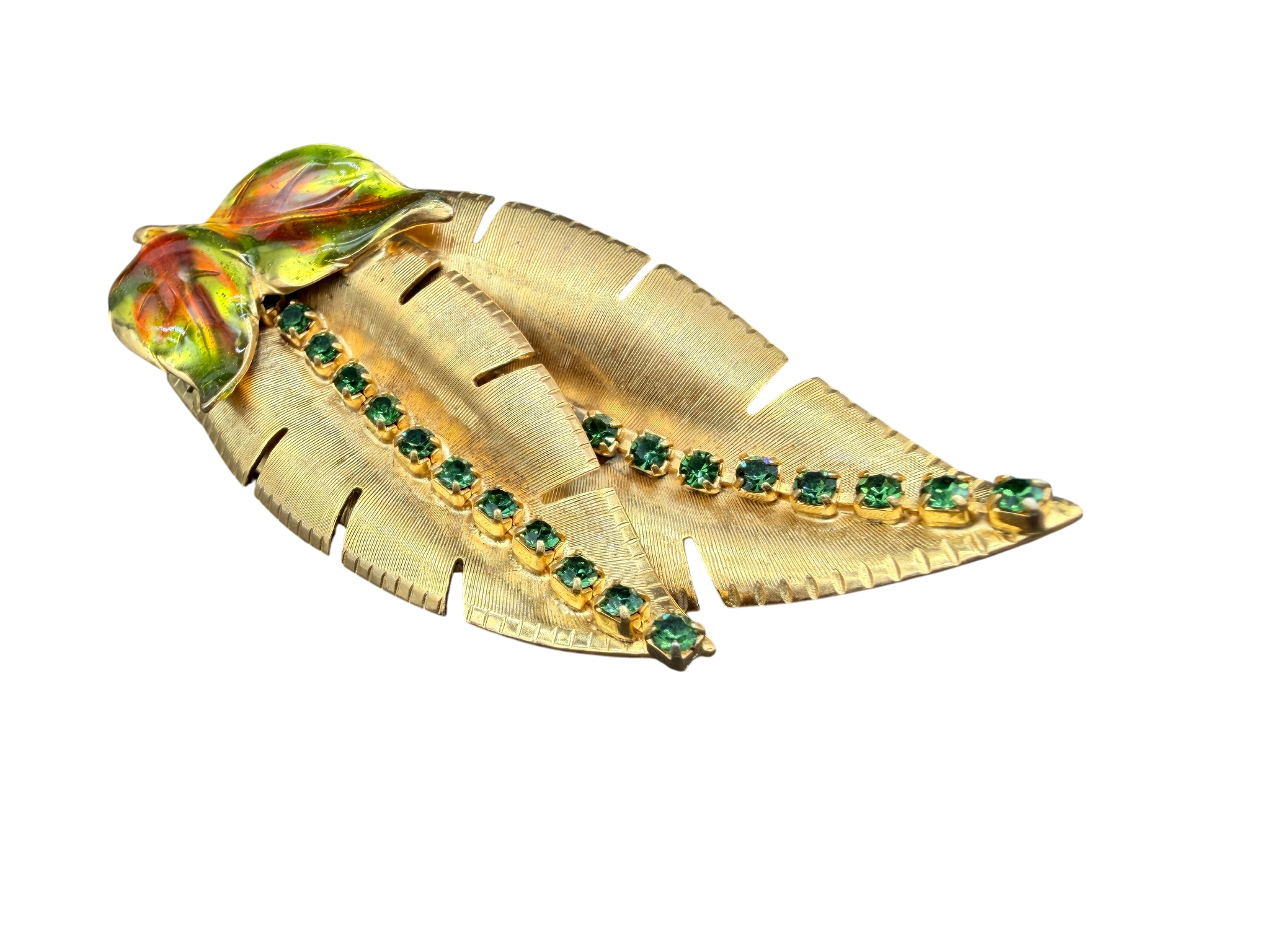 1960s Gold-Tone Double Leaf Brooch with Green Rhinestones and Enamel Detail