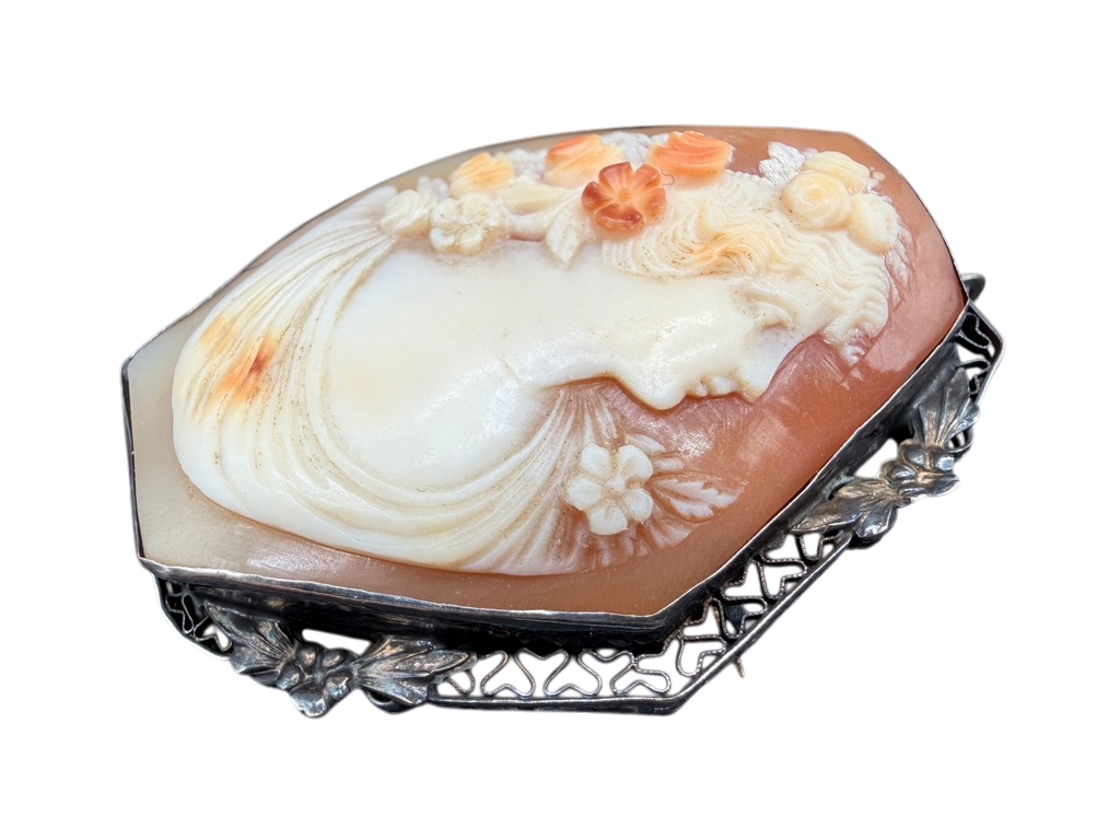 Antique 14K White Gold Filigree Pink Cameo Brooch/Pendant