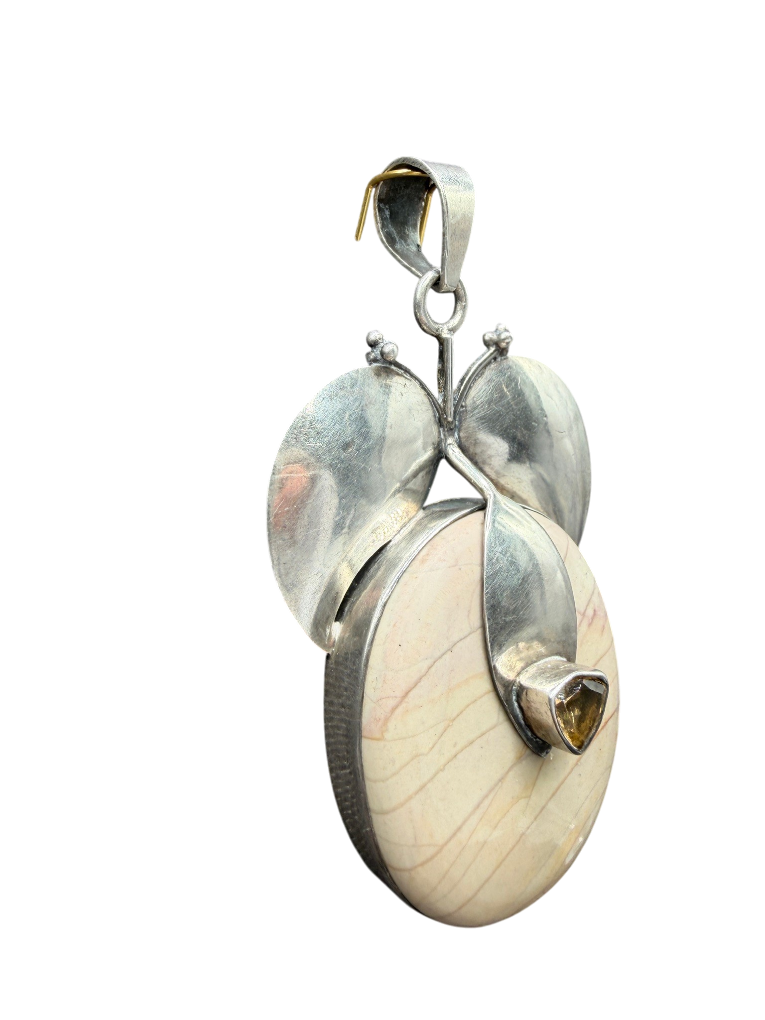 1970s Sterling Silver Jasper Pendant with Leaf and Quartz Detail