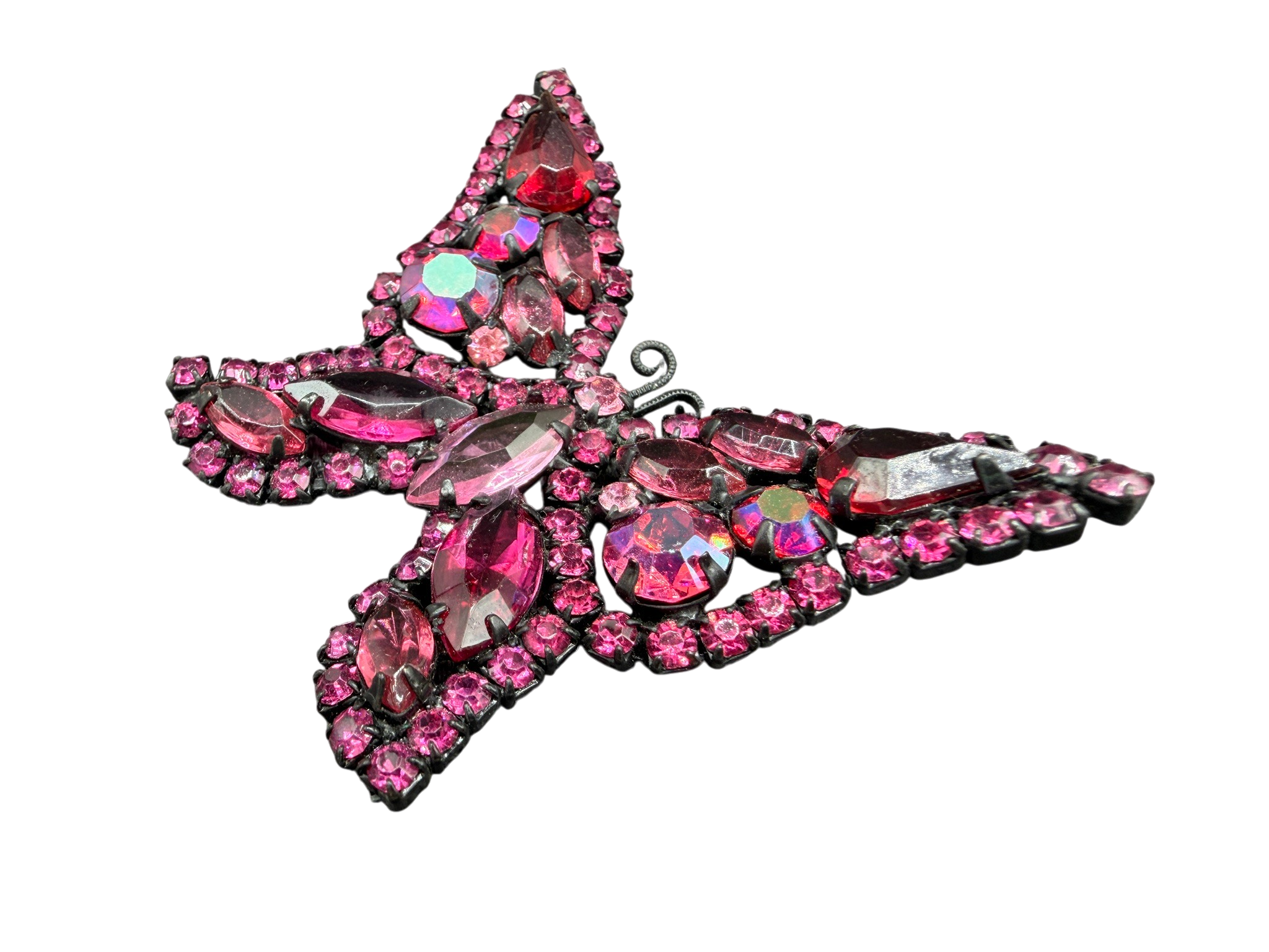 1950s Weiss Black Enamel Butterfly Brooch with Pink Austrian Crystals