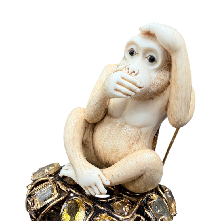 1990s Iradj Moini “Speak No Evil” Bone Monkey Brooch with Smoky Quartz