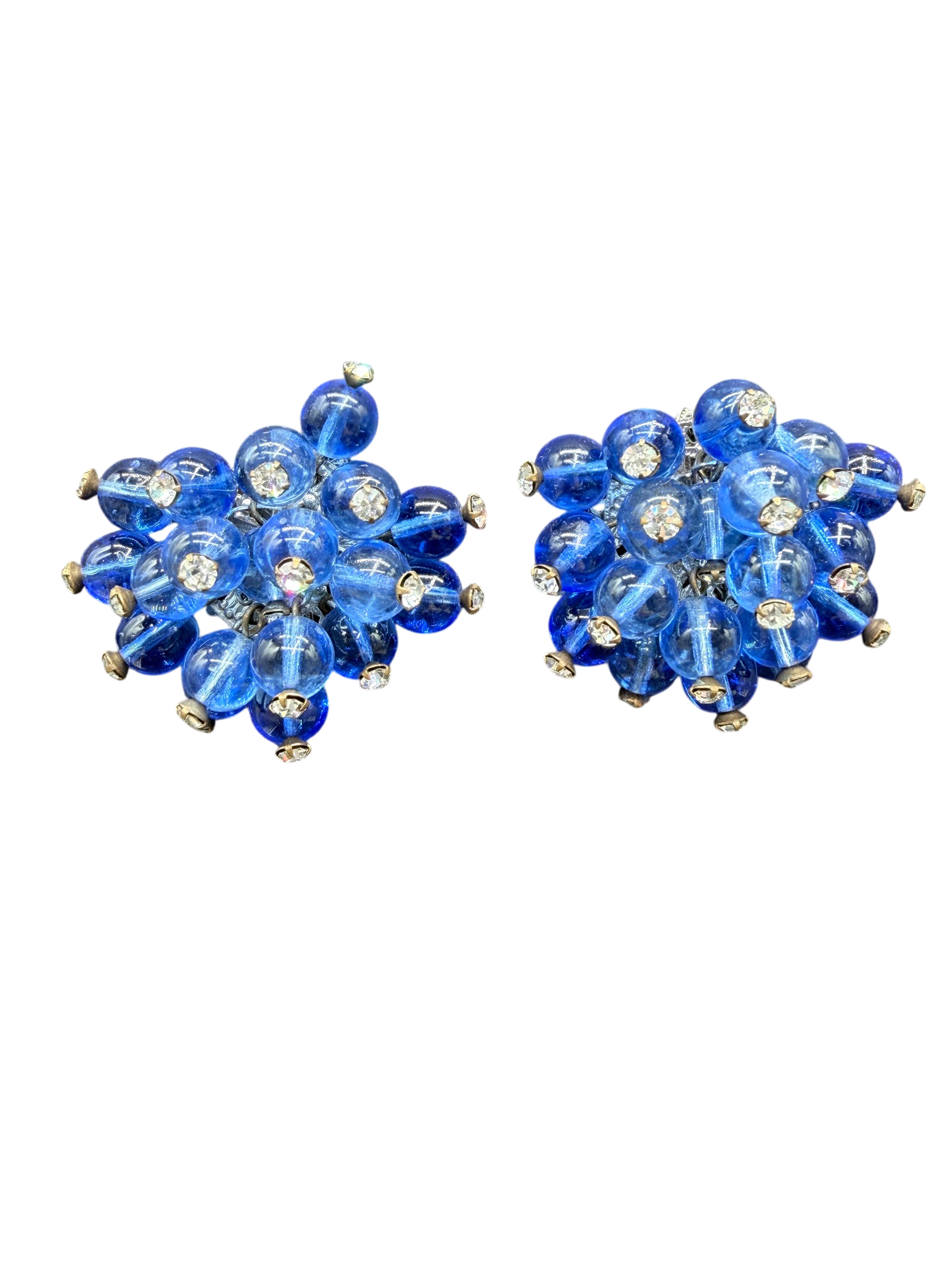 1950s Miriam Haskell Cobalt Glass Beaded Wire Clamper Bracelet with Dangle Ends and Matching Earrings