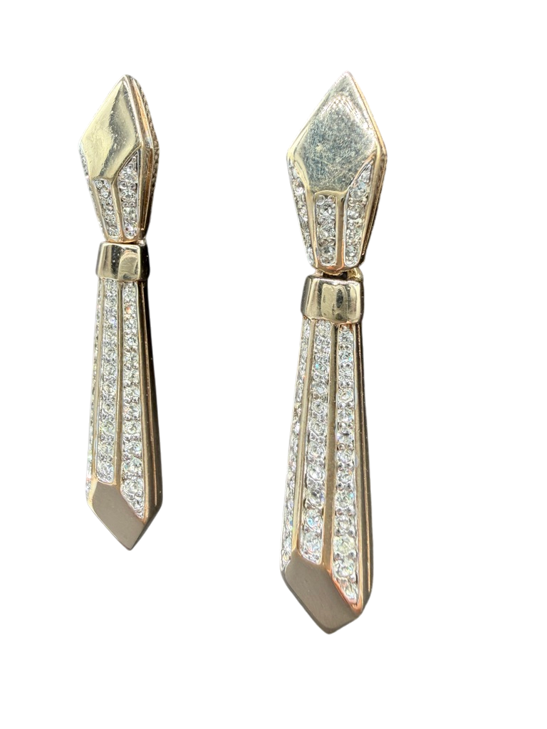 MCM 1970s Panetta Gold-Tone Tie-Shaped Drop Earrings with Pavé Rhinestones