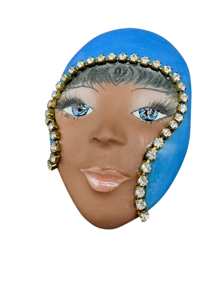 1980s Norma Hand-Painted Porcelain Face Brooch with Rhinestone Detail