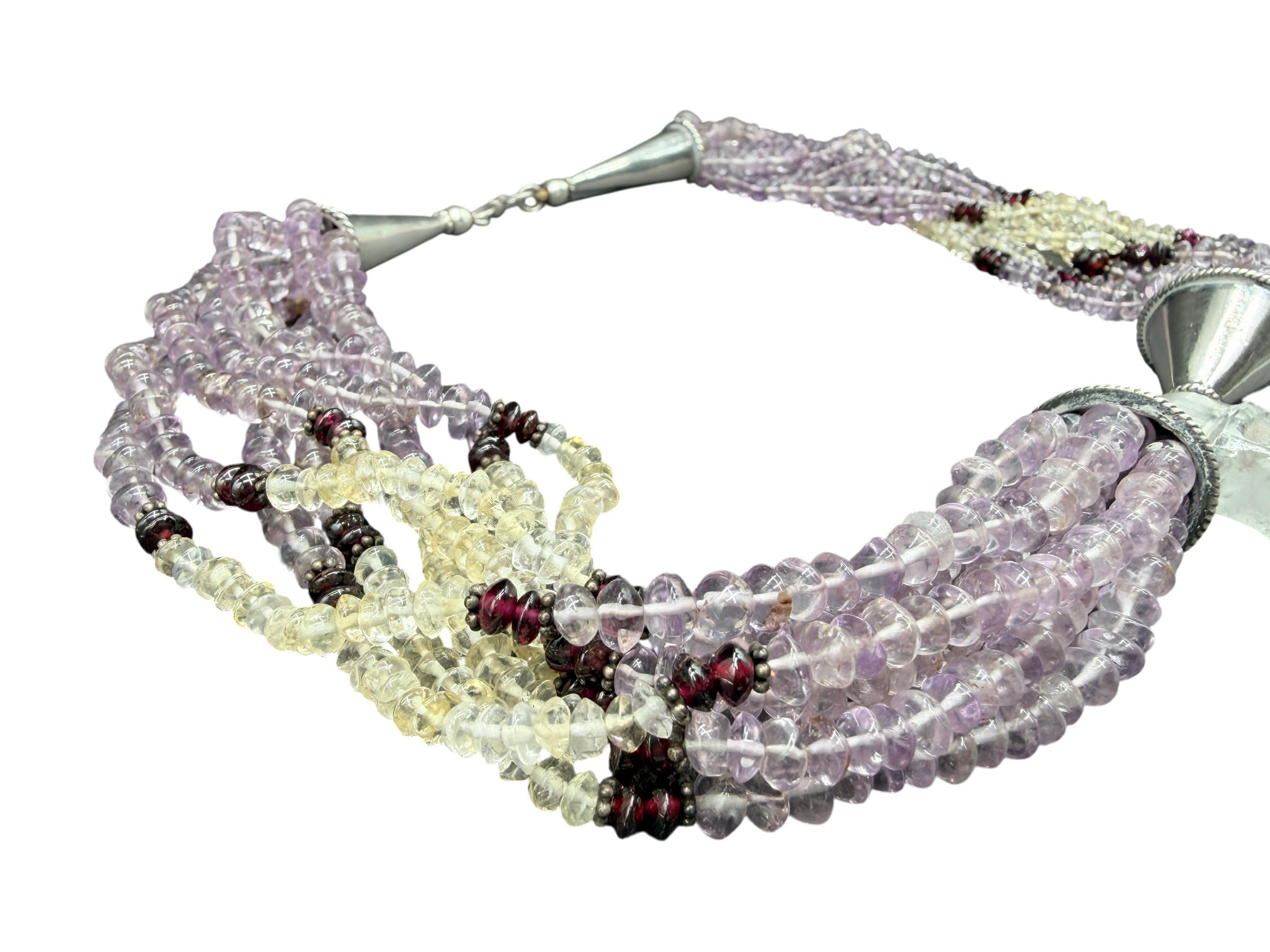 1970s Navajo Multi-Stone 8-Strand Necklace with Carved Quartz Pendant