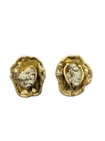 1950s Brutalist Brass Clip-On Earrings with Raw Pyrite