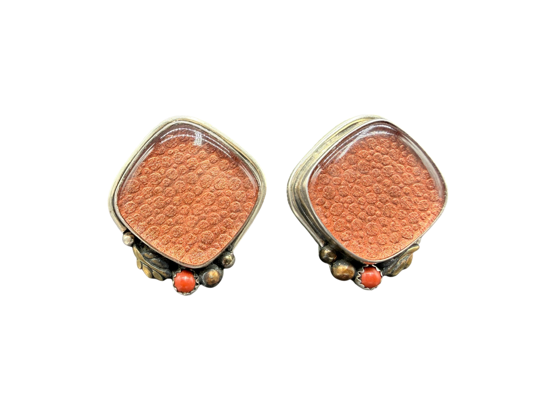 1980s Amy Kahn Russell Sterling Diamond-Shaped Earrings with Amber Quartz, Copper &amp; Coral Bead