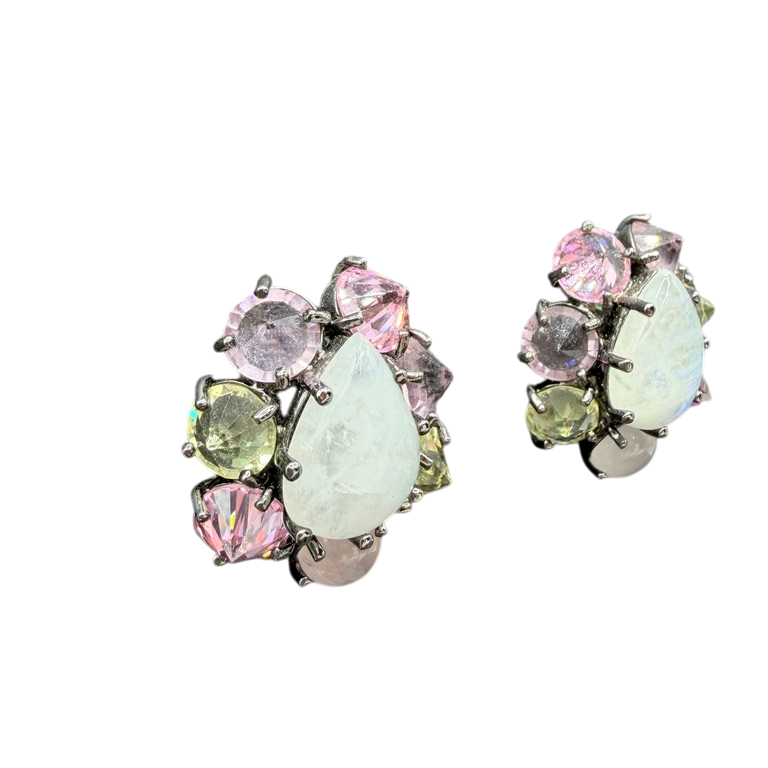 1980s Sterling Silver Teardrop Moonstone Clip Earrings with Pastel Crystals and Morganite