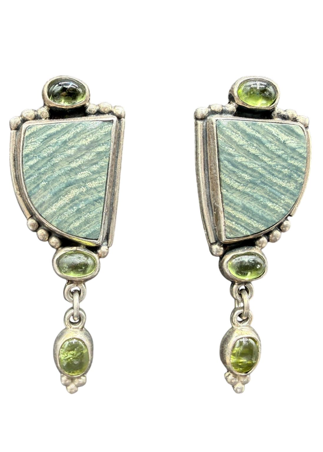 1980s Sterling Silver Green Jasper Clip Earrings with Peridot Drop