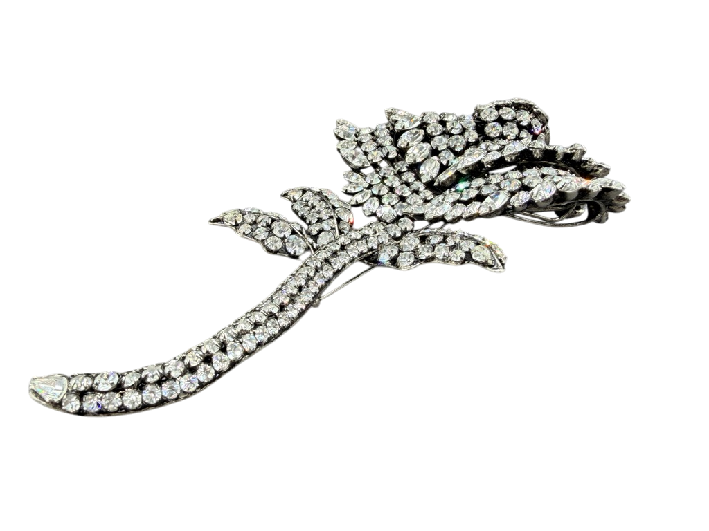 1950s Statement Austrian Crystal Floral Brooch with Leaves and Stem