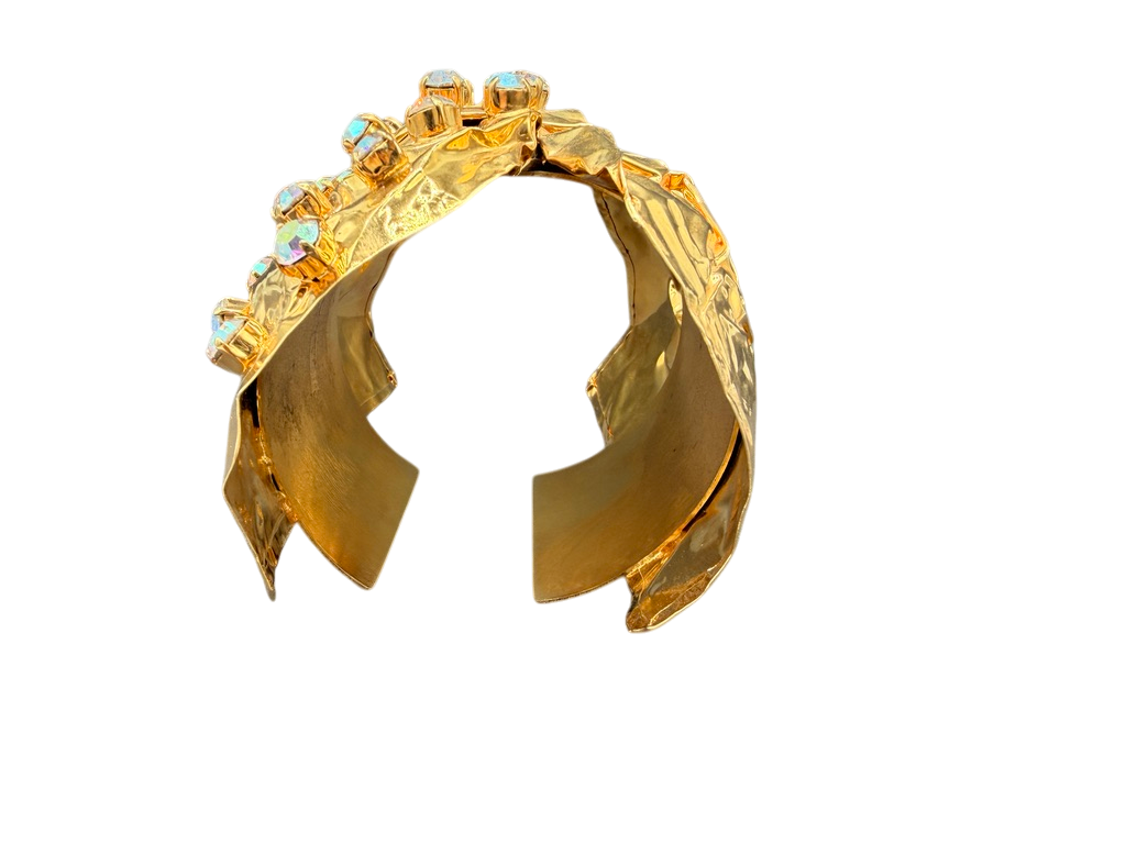 Rare 1980s Haute Couture Gianni De Liguoro Gold Crinkle Bow Cuff Bracelet with AB Swarovski Rhinestones