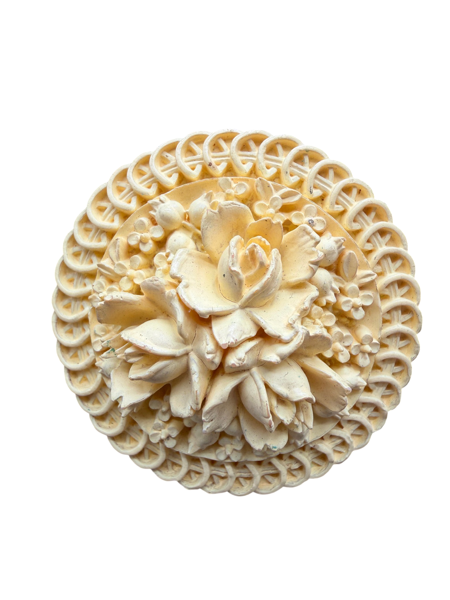 1950s Yellow Carved Celluloid Floral Clip Disc Earrings