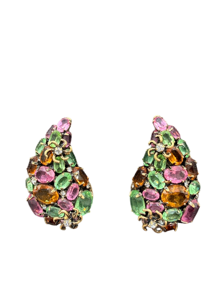 1980s Iradj Moini Paisley-Shaped Clip Earrings with Colored Crystals