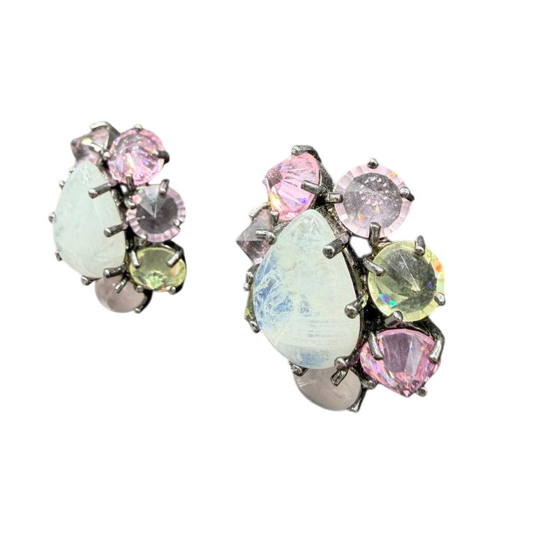 1980s Sterling Silver Teardrop Moonstone Clip Earrings with Pastel Crystals and Morganite