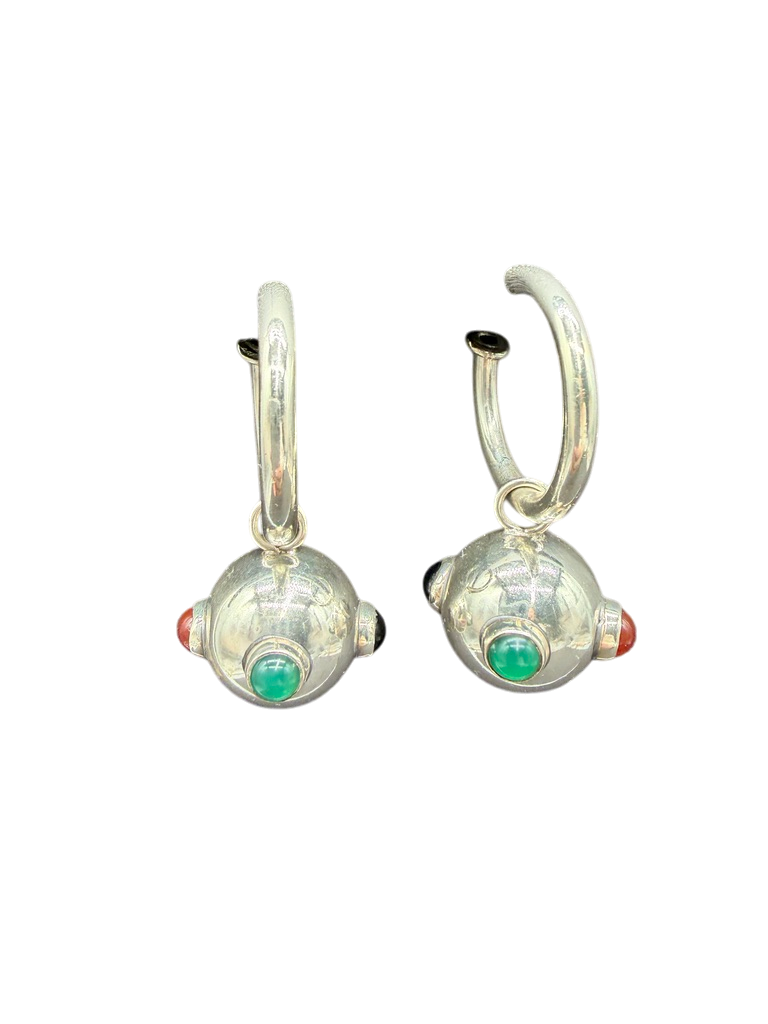 1970s Sterling Silver Hoop Earrings with Dangle Orb and Cabochon Stones