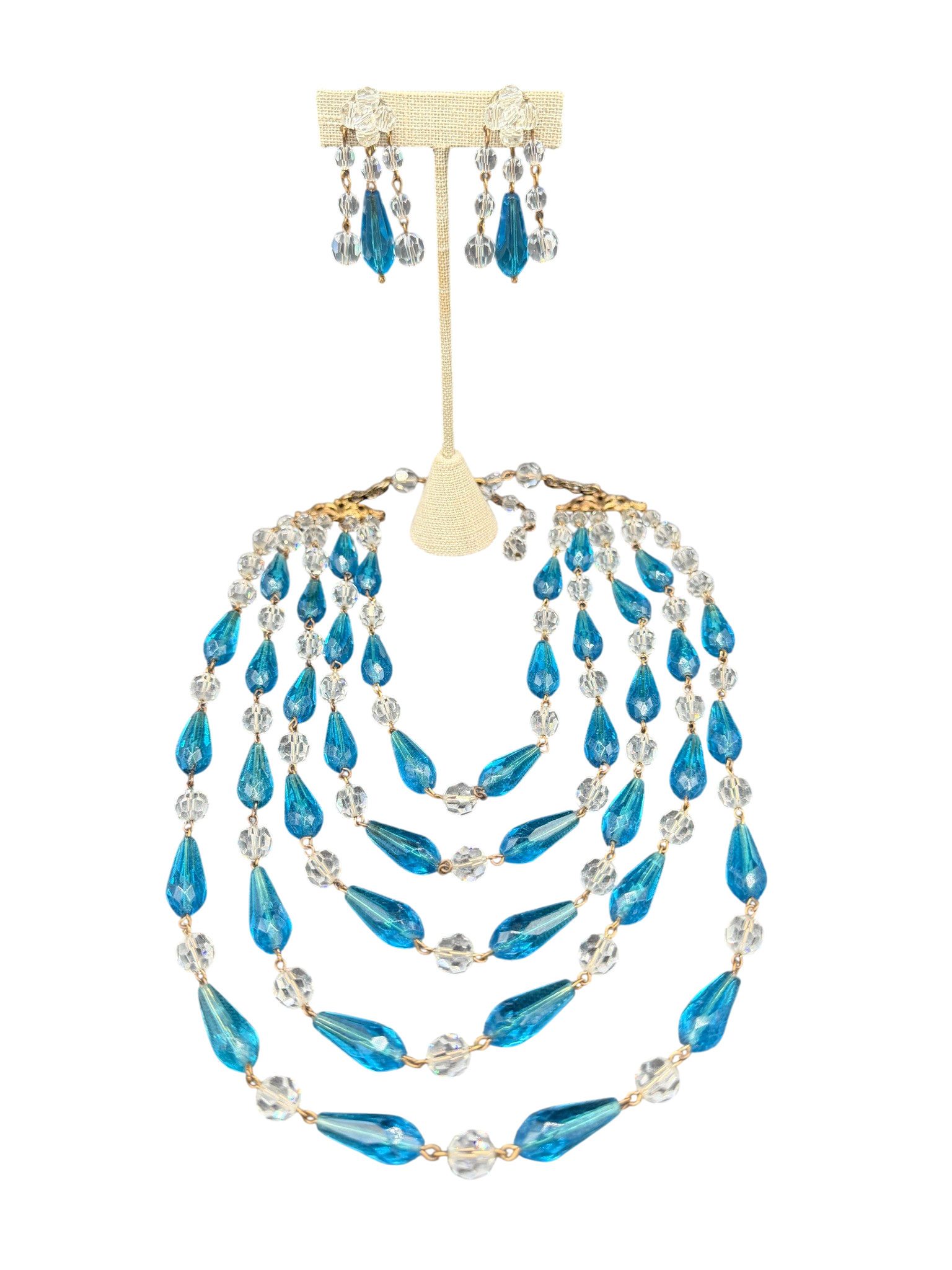 1950s Lead Crystal 5-Strand Necklace with Teal Teardrops and Matching Earrings