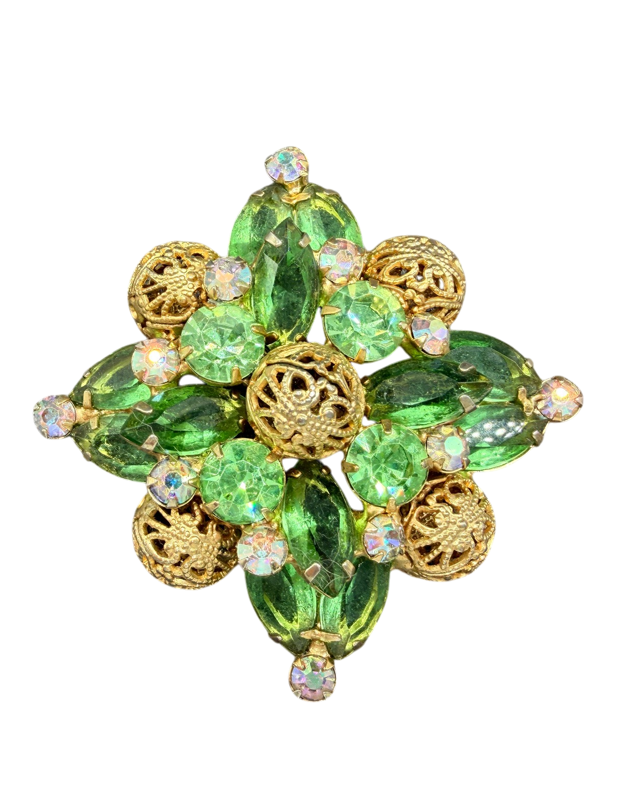 1950s Gold-Tone Diamond Shape Brooch with Filigree Beads and Green Austrian Crystals