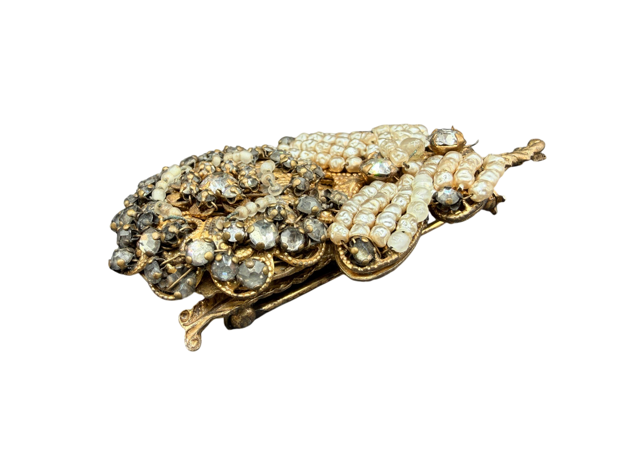 1960s Miriam Haskell Gold-Tone Floral Brooch with Rhinestones and Pearls