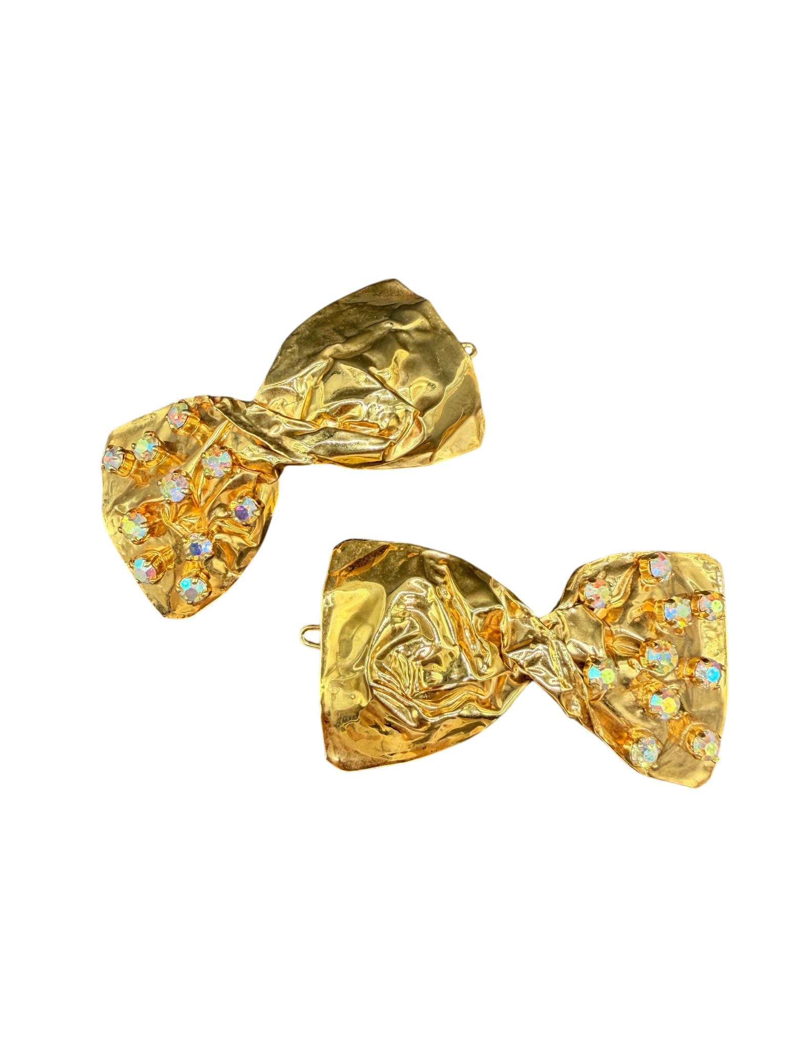 Rare 1980s Haute Couture Gianni De Liguoro Gold Crinkle Bow Hair Barrettes with AB Swarovski Rhinestones