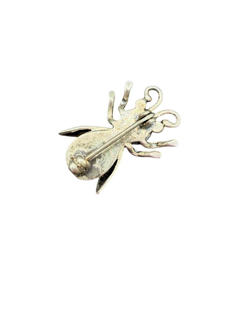 1970s Sterling Silver Fly Mini Brooch with Turquoise Detail