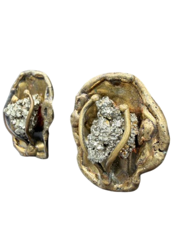 1950s Brutalist Brass Clip-On Earrings with Raw Pyrite