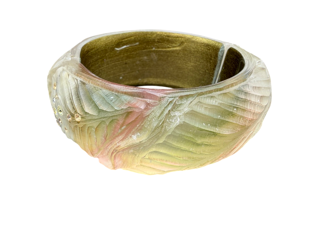 1990s Alexis Bittar Hand-Carved Lucite Leaf Clamper Bangle with Swarovski Crystals