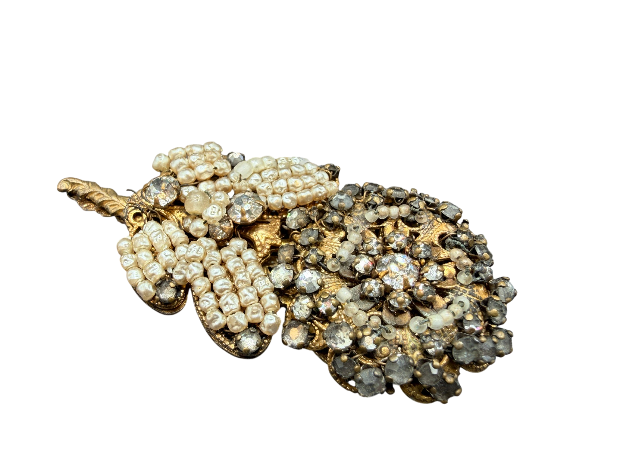 1960s Miriam Haskell Gold-Tone Floral Brooch with Rhinestones and Pearls