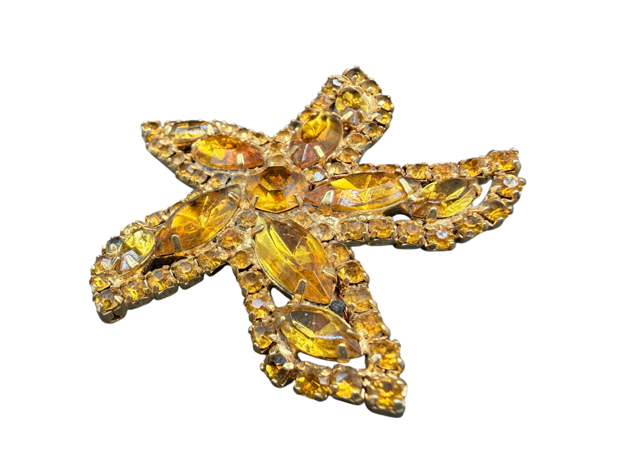1950s Weiss Gold-Tone Starfish Brooch with Yellow Austrian Crystals