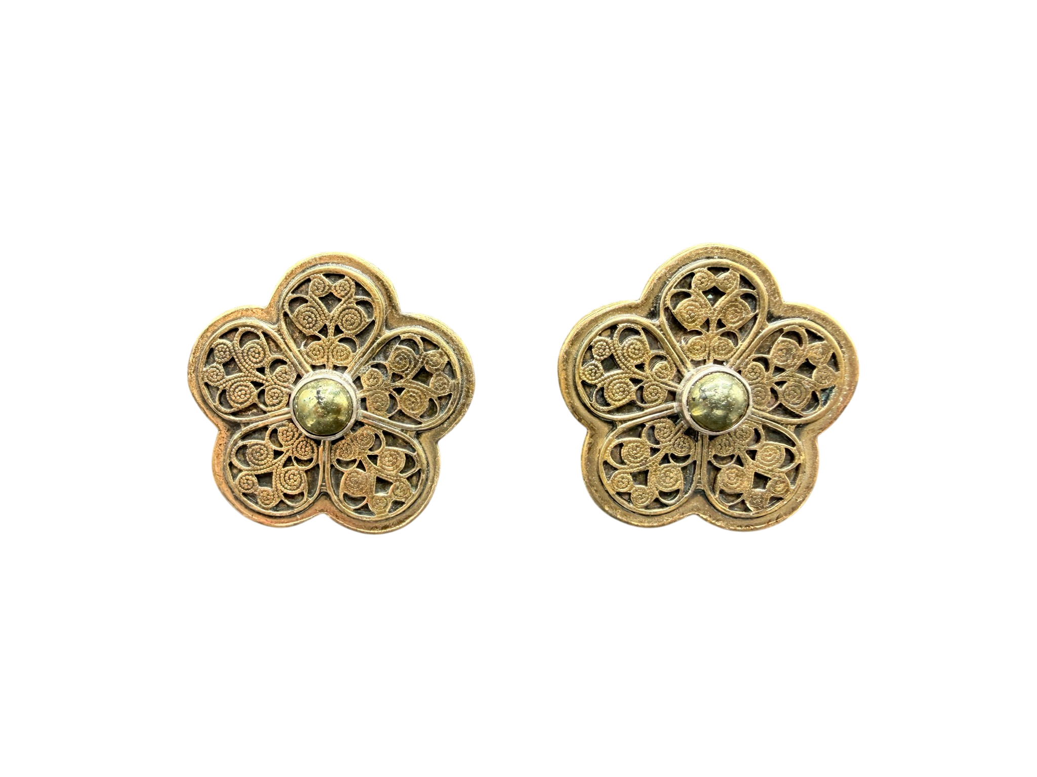 1980s Amy Kahn Russell Vermeil Etched Flower Clip Earrings with Sterling Center