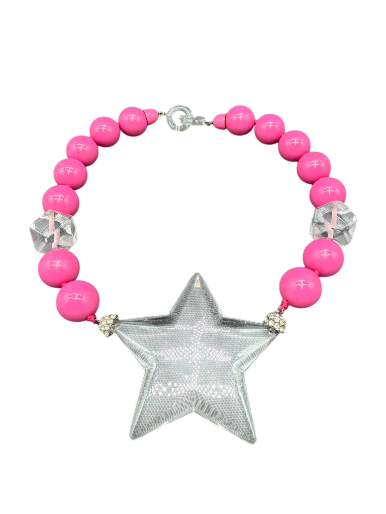 Rare 1980s Amen Wardy Pink & Clear Lucite Beaded Necklace with Star Detail