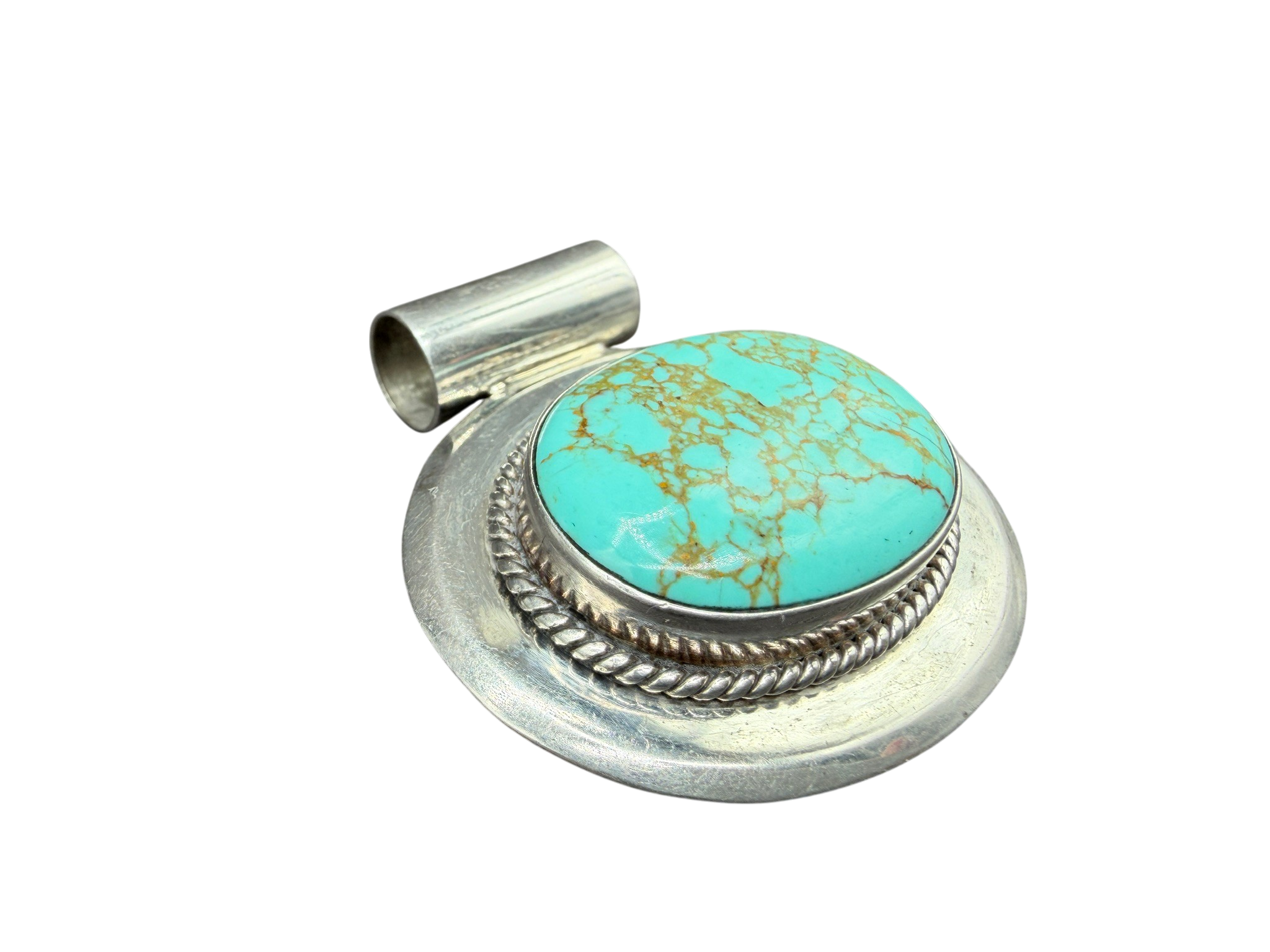 1980s Sterling Silver Oval Pendant with Turquoise Center