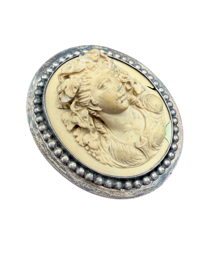 Victorian Large Lava Cameo Brooch of Woman with Leaf Headdress in Sterling Setting
