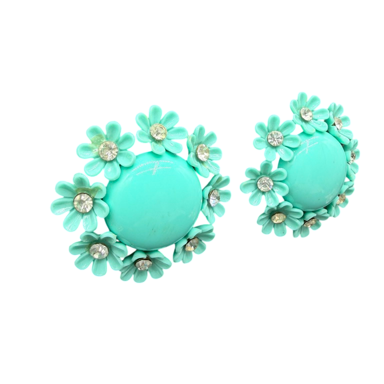 1960s Turquoise Bubble Clip Earrings with Floral Surround
