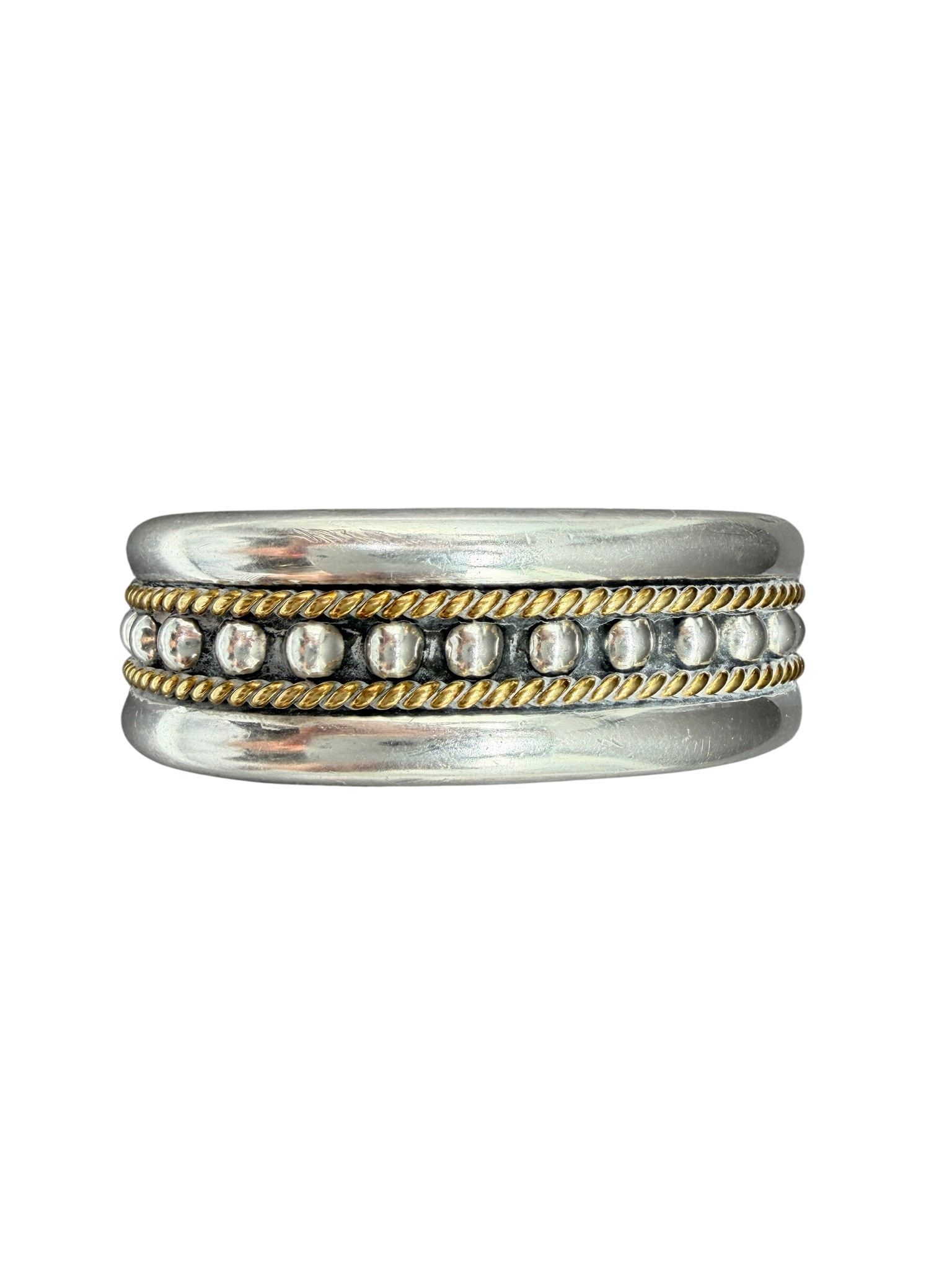 1970s Navajo Sterling Silver Cuff with 12K Gold-Filled Rope and Ball Detail (Tahe Style)