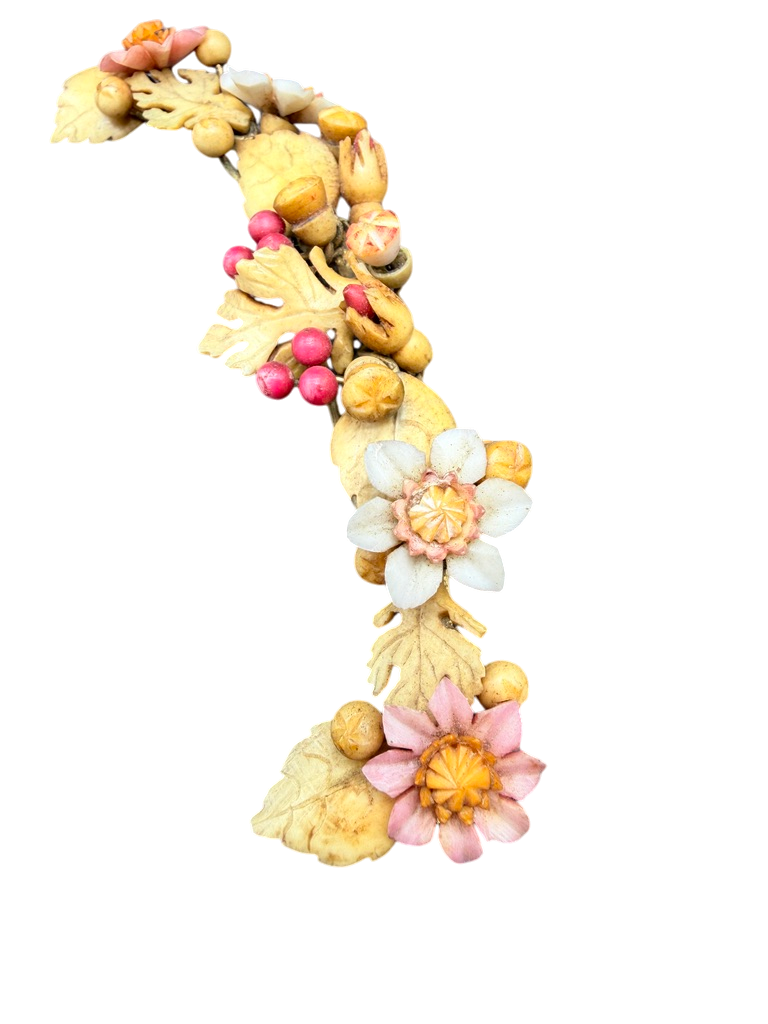 Antique 1900s Carved Bone Brooch with Henna-Dyed Floral Design