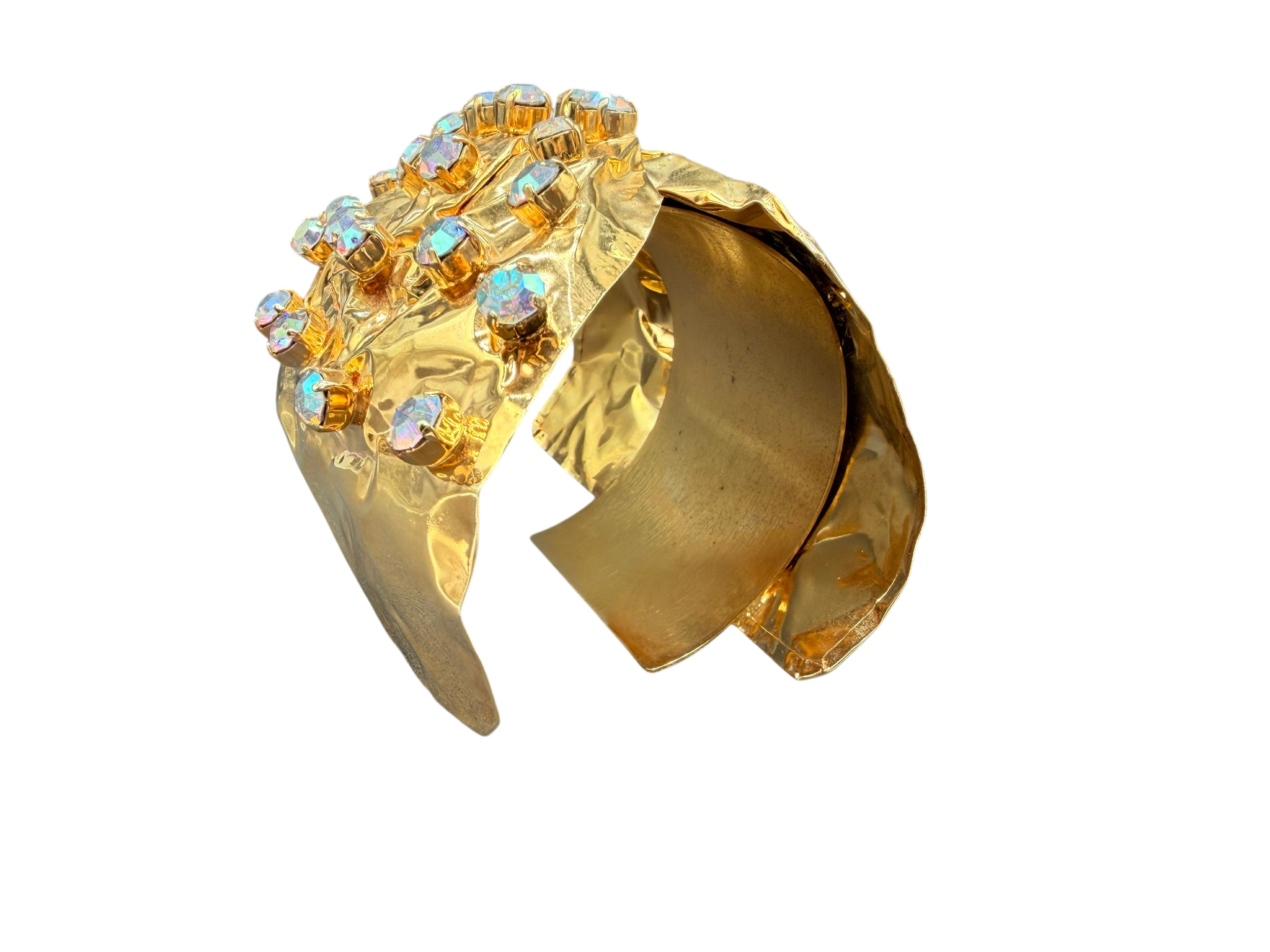 Rare 1980s Haute Couture Gianni De Liguoro Gold Crinkle Bow Cuff Bracelet with AB Swarovski Rhinestones