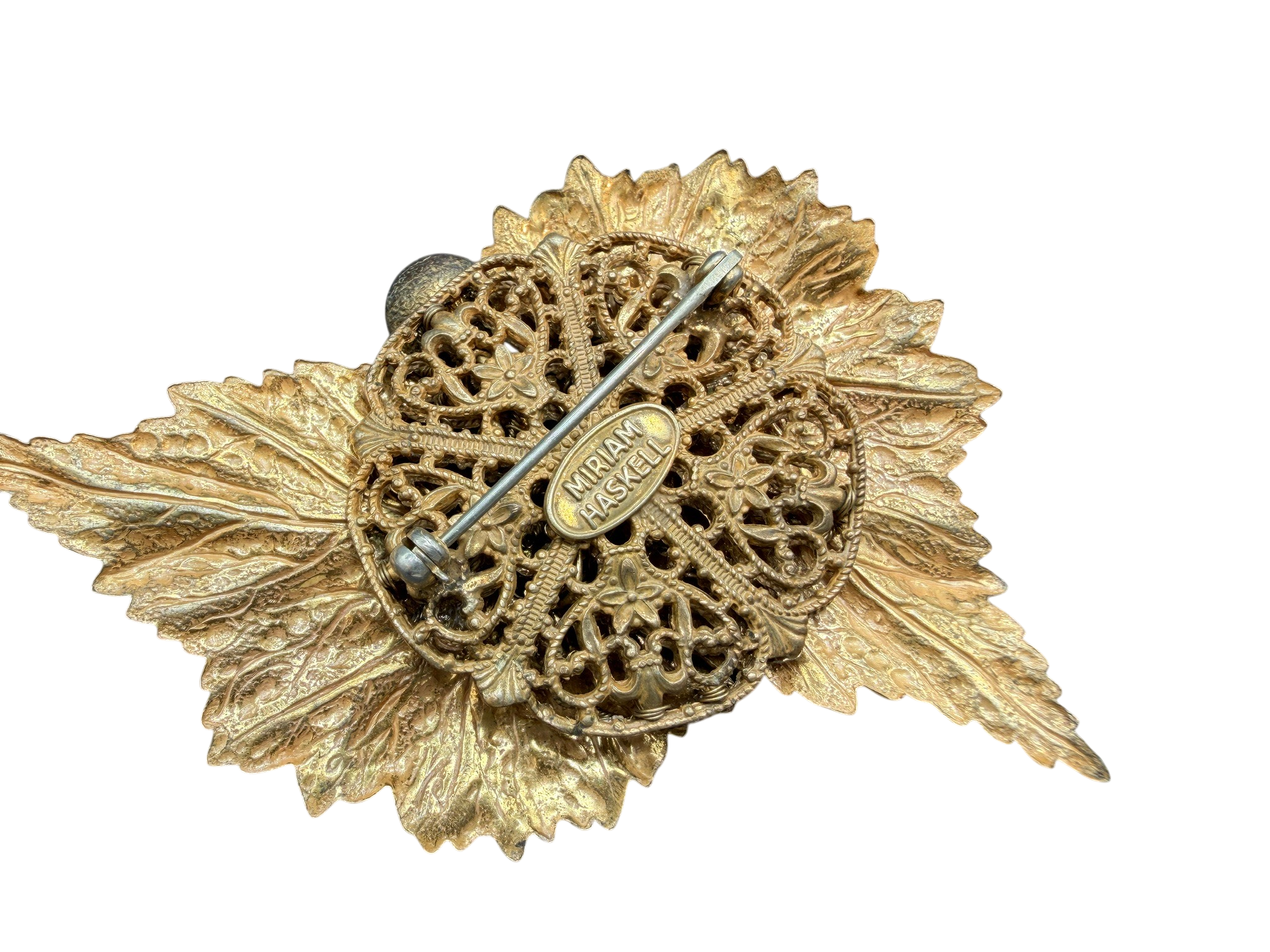 1950s Miriam Haskell Gold-Tone Double Leaf Brooch with Wire Flowers and Beads